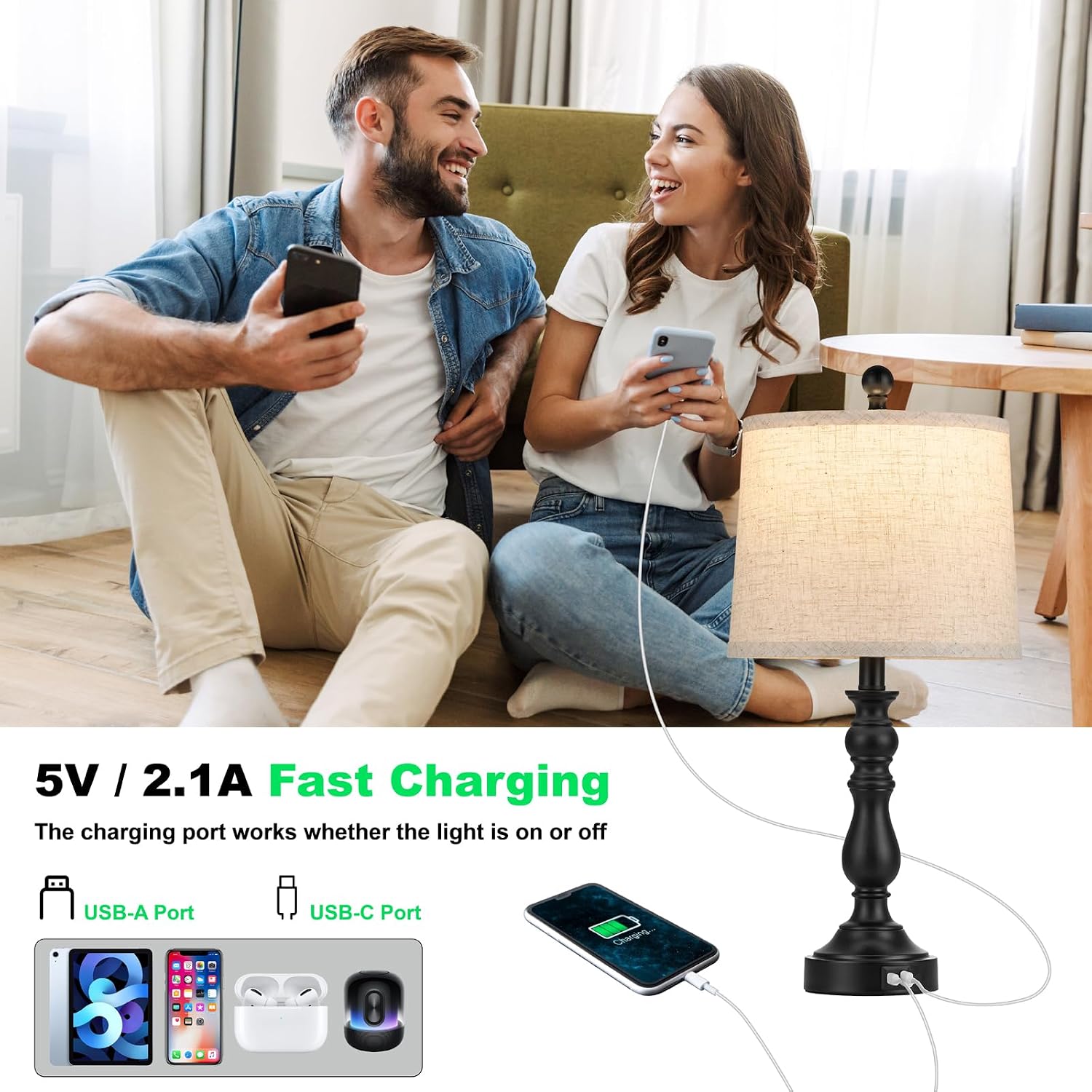 Detalle de Leasgy L-2T-138-A Table Lamp Set of 2 with USB-C/A Ports and 3 Colour Temperatures