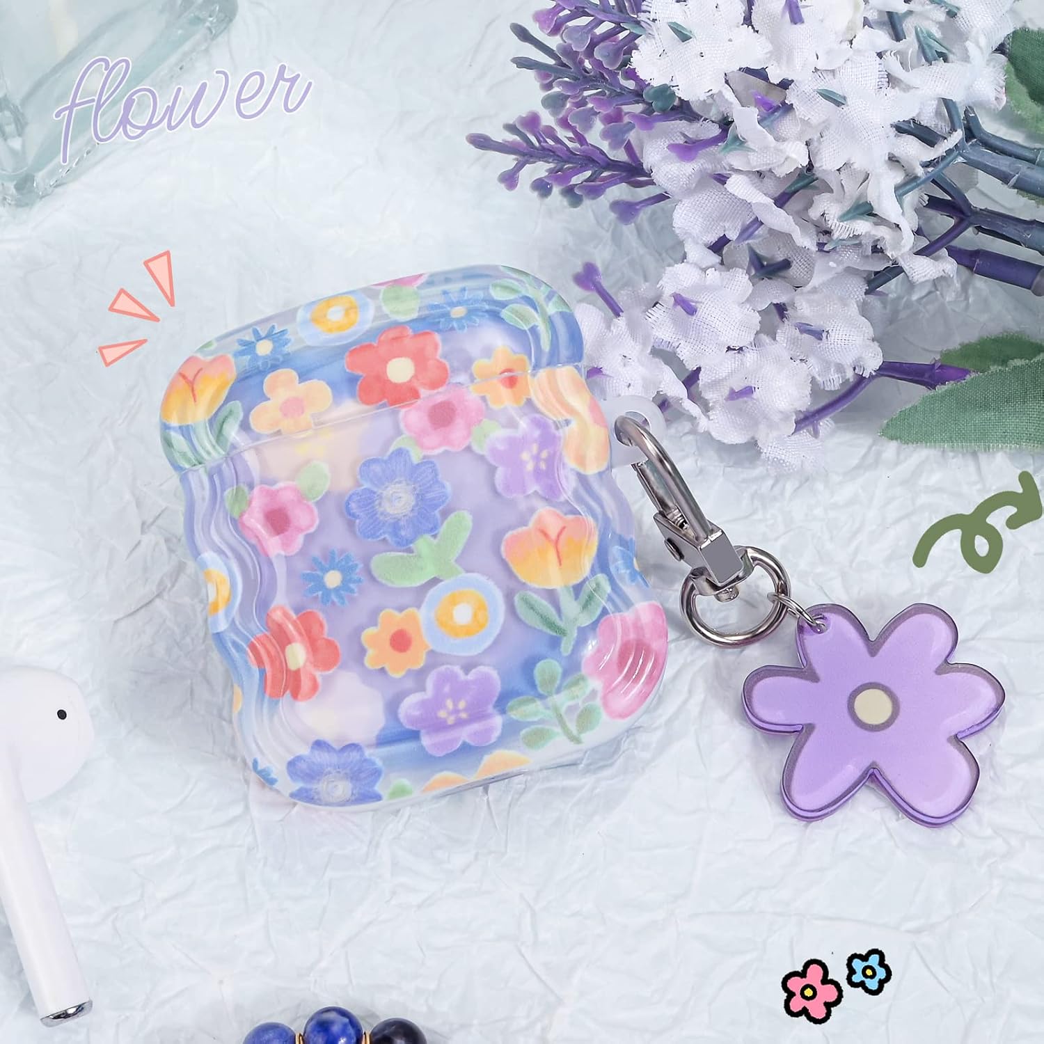 Thumbnail 6 de Newseego AirPods 1/2 Case Cover with Flower Pattern – Soft TPU, Shockproof Protection + Keychain