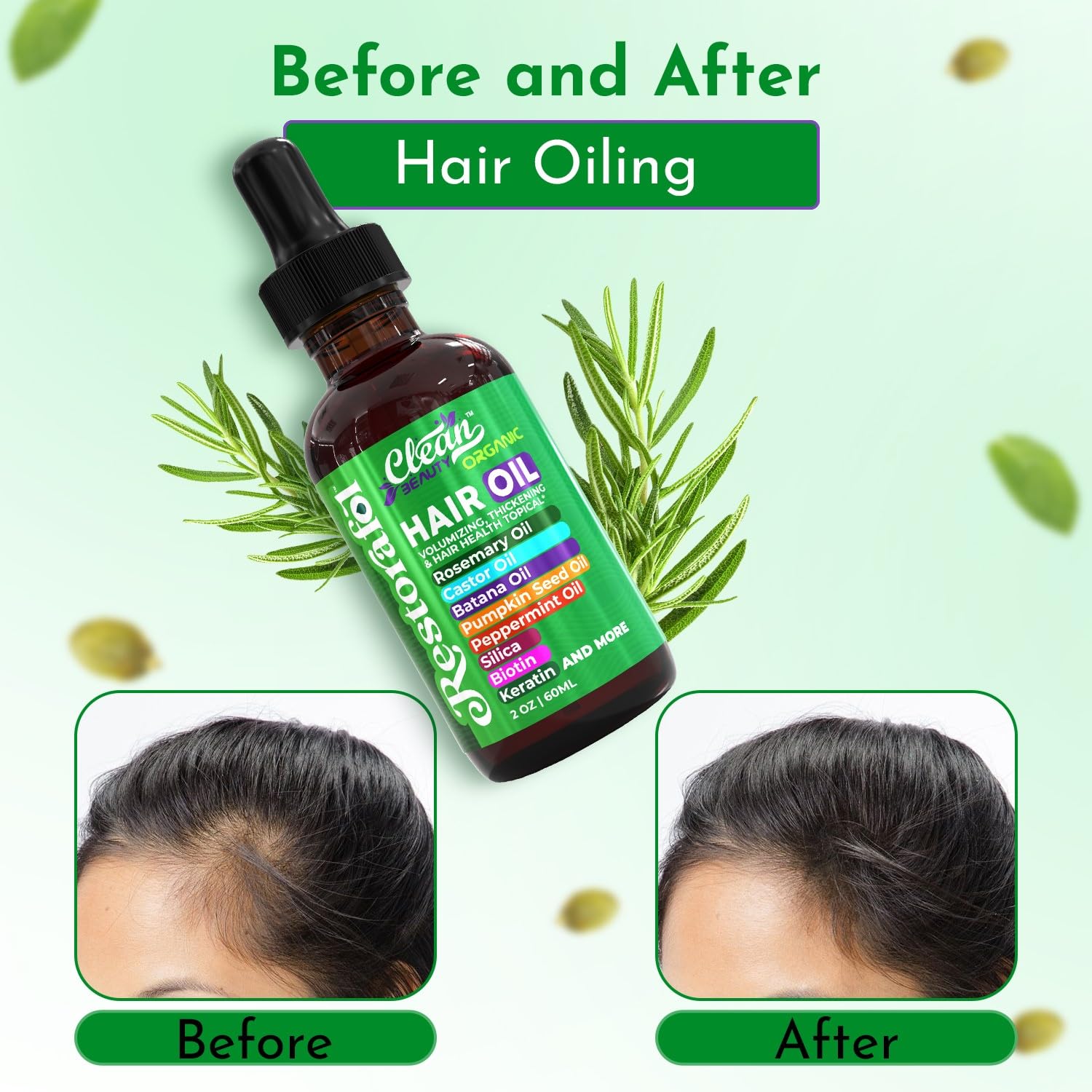 Detalle de Clean Beauty Rosemary Hair Oil for Growth (Castor, Batana, Pumpkin Seed + Biotin, Keratin, Silica) — 1 Pack