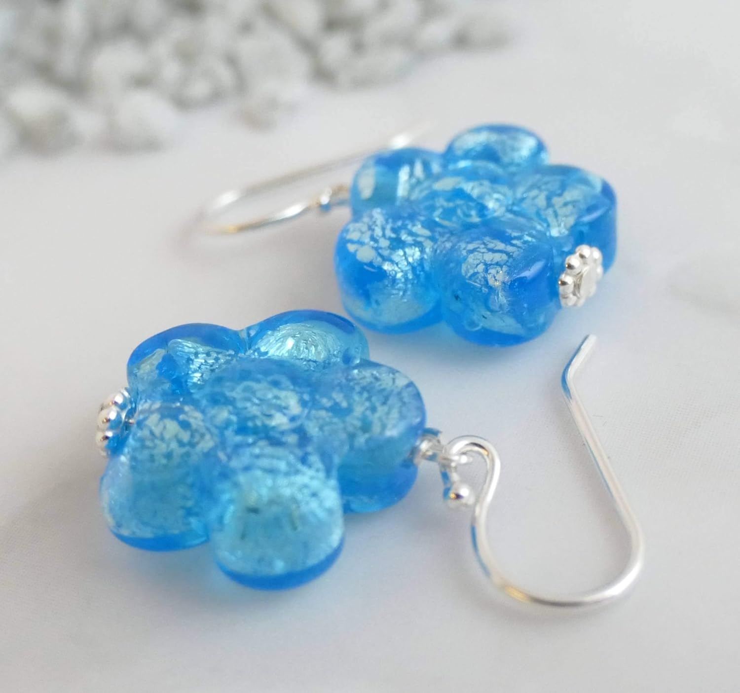 Detalle 2 de Murano Glas Blau Blumen Ohrringe
