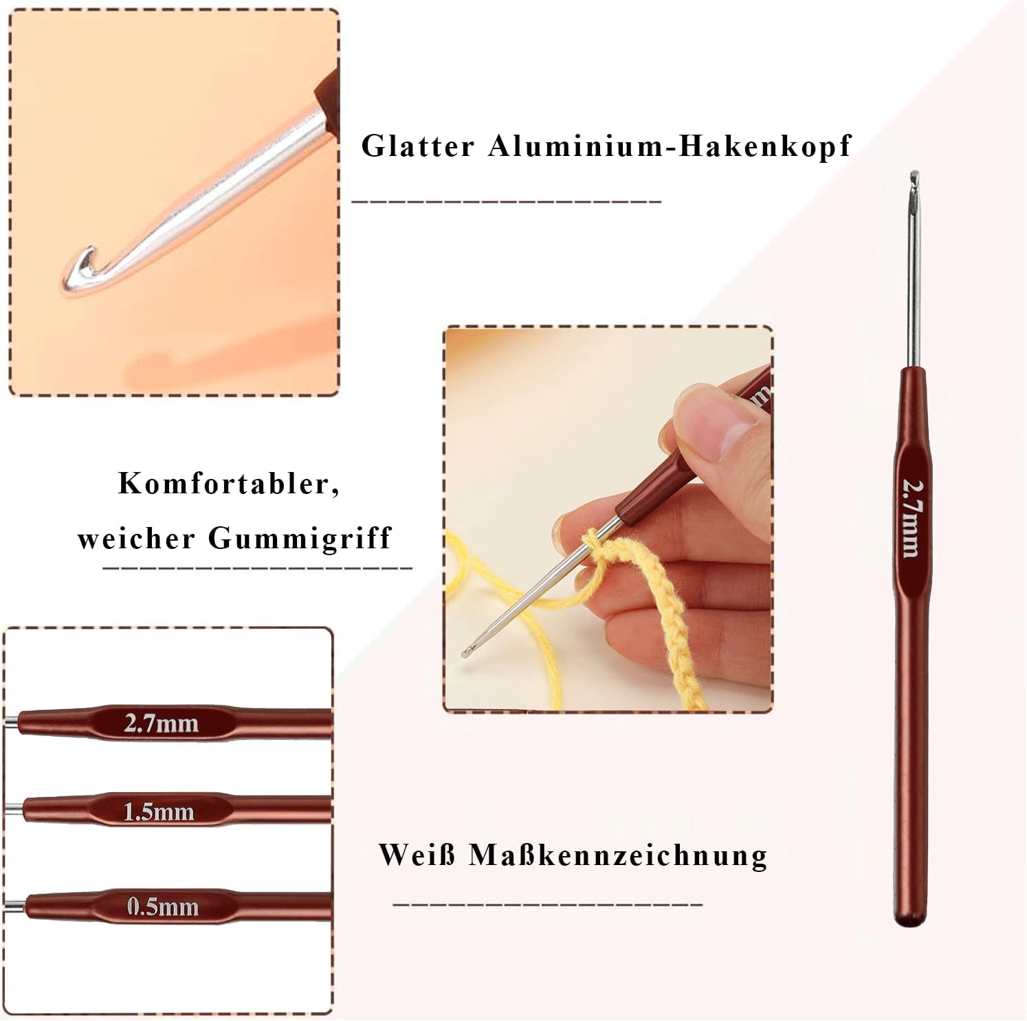 Detalle de Canollo Tunesische Häkelnadeln-Set (3 Stück) 0,5 / 1,5 / 2,7 mm – ergonomisch, ultrafein für Dreadlocks