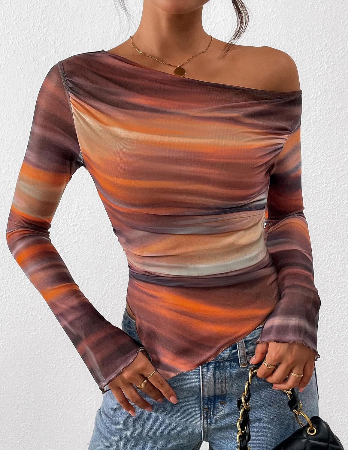Thumbnail 6 de PRETTYGARDEN Off-Shoulder Tie-Dye Mesh Long Sleeve Asymmetrical Ruched Floral Top for Women