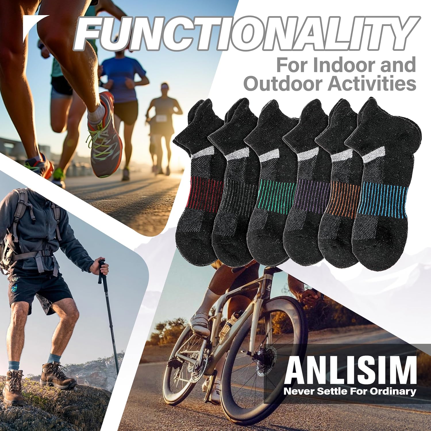 Detalle 2 de 6 Pairs Merino Wool Ankle Running Hiking Socks with Compression Support