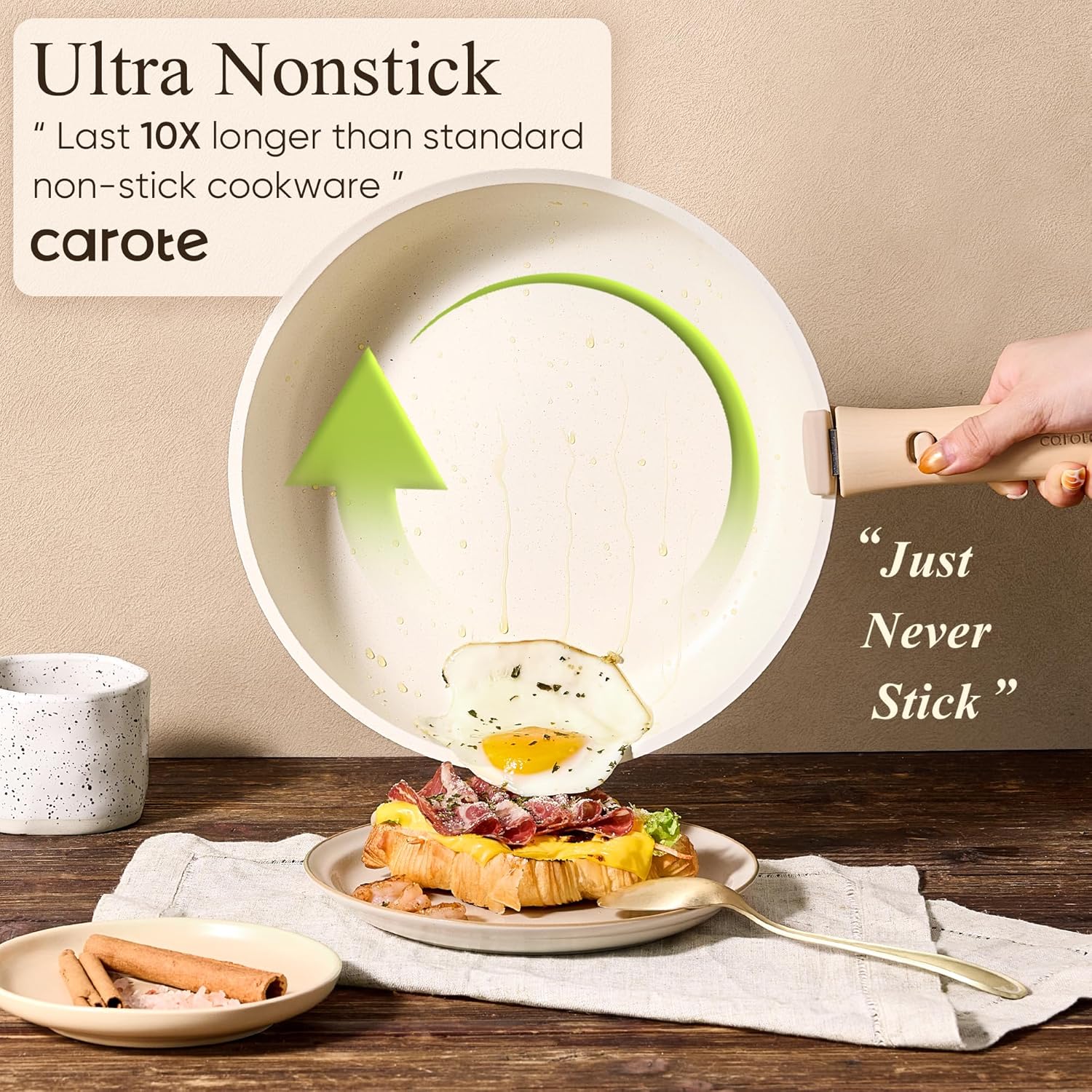 Thumbnail 6 de CAROTE Detachable Handle Nonstick Pots and Pans Set (Cream) — Space-Saving Cookware Collection for Induction, Oven & Dishwasher
