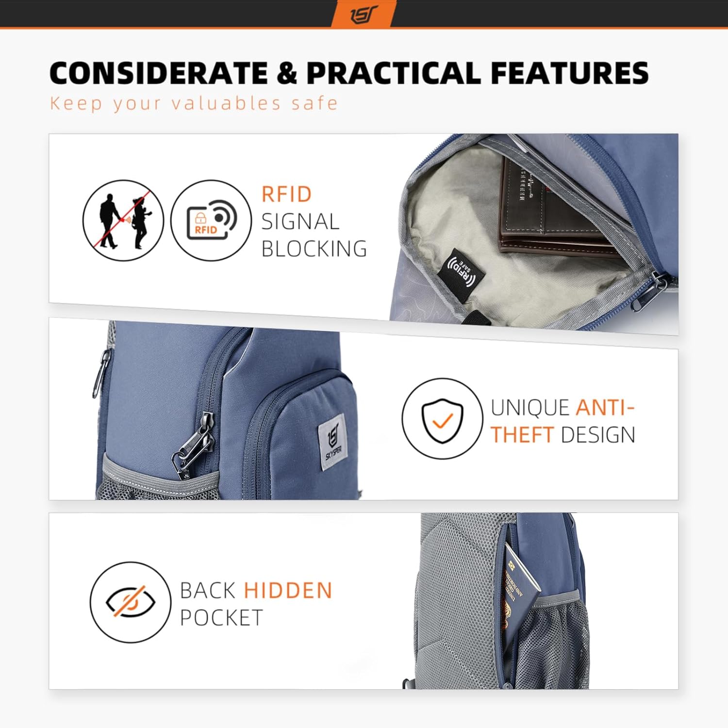 Detalle de SKYSPER RFID Crossbody Sling Bag (Periwinkle, Medium) – Versatile Daypack for Travel and Everyday Use
