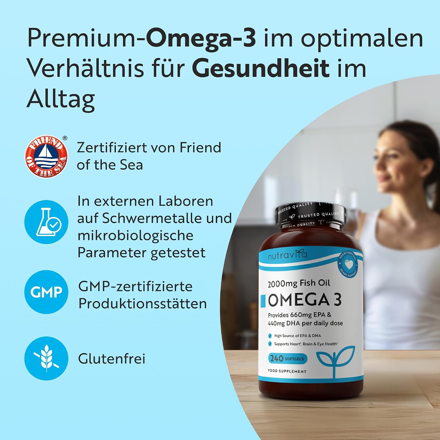 Detalle de Nutravita Omega 3 Hochdosiert 2000 mg Fischöl Kapseln – 240 Weichkapseln, EFSA-bestätigte EPA & DHA