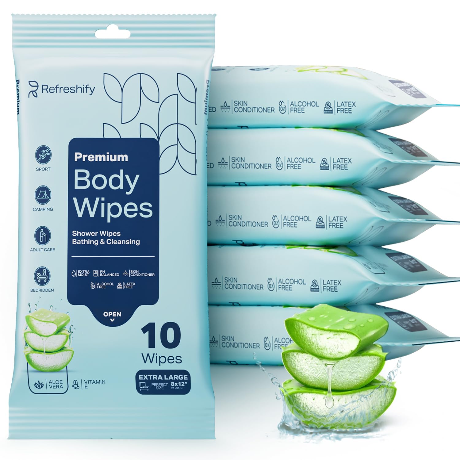 Detalle de 60 XL Shower Wipes – Rinse-Free Body Wipes for Adults (6 Packs of 10) with Aloe & Vitamin E