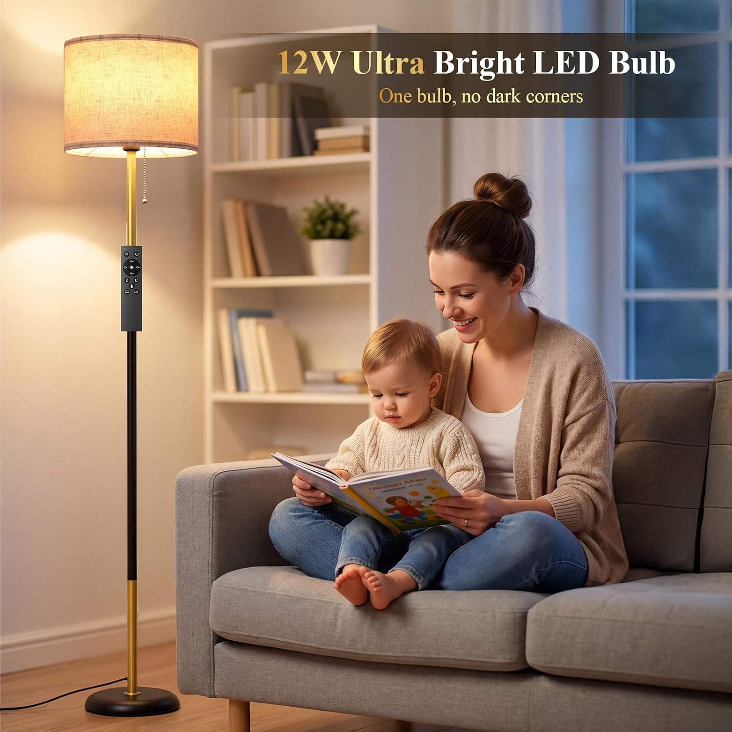 Detalle de Lampadaire LED sur Pied Salon - 12W avec Télécommande, RGB et Cordon Tirette