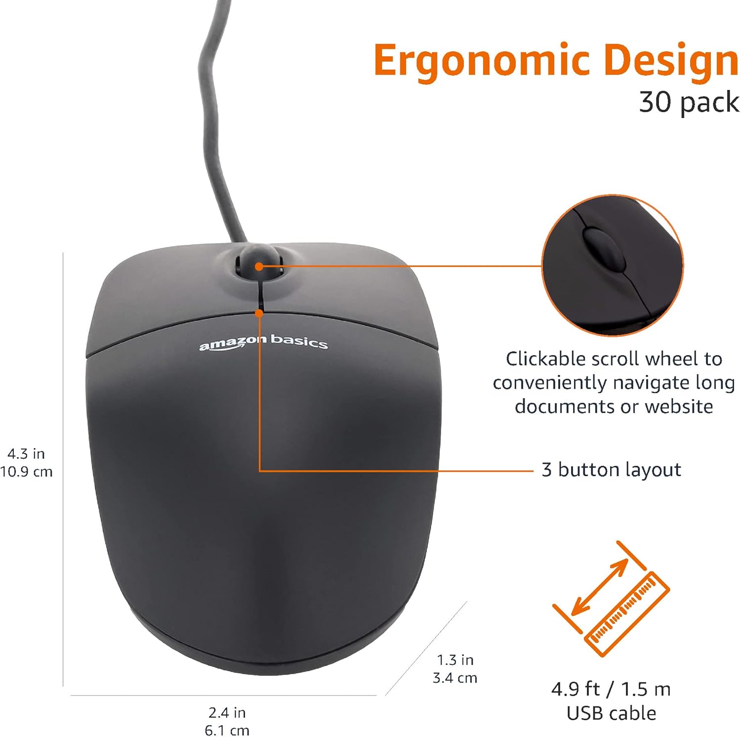 Thumbnail 6 de Amazon Basics 3-Button USB Wired Mouse (Black) – 30-Pack (1000 dpi)