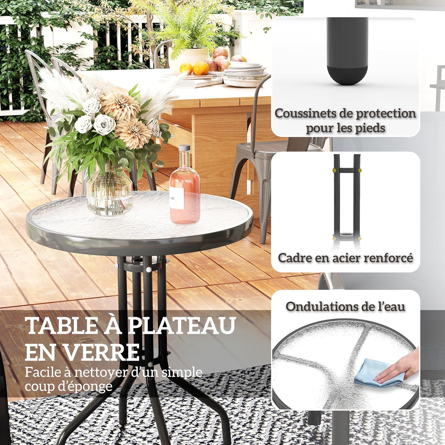 Thumbnail 5 de Outsunny Salon de Jardin Extérieur 3 Pièces — 2 Fauteuils Empilables + Table Basse en Verre Trempé, Gris Foncé