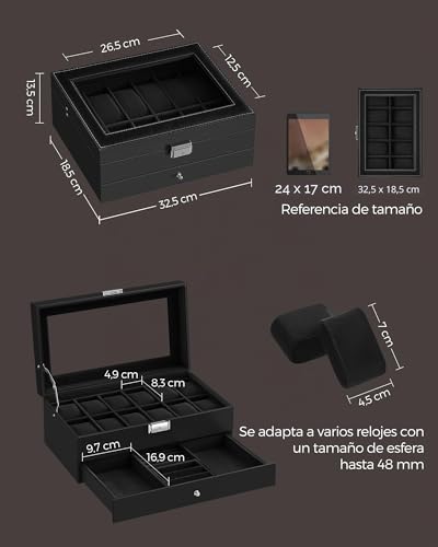 Detalle de SONGMICS Caja de Reloj JWB012B03: Estuche de 2 niveles para 12 relojes con tapa de cristal y cerradura