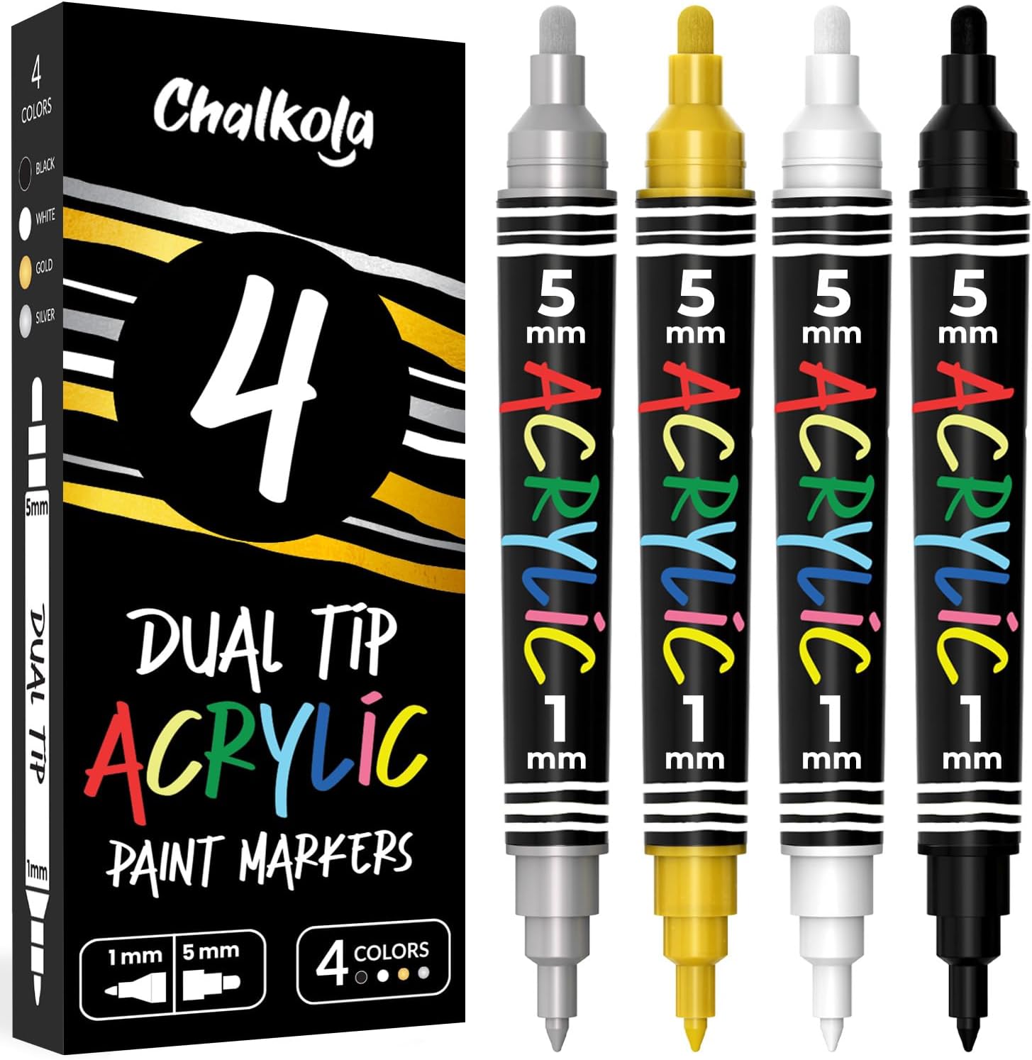 Detalle de Chalkola 4 Acrylic Paint Pens Dual Tip (White, Black, Gold & Silver) – 1mm fine & 5mm medium permanent markers
