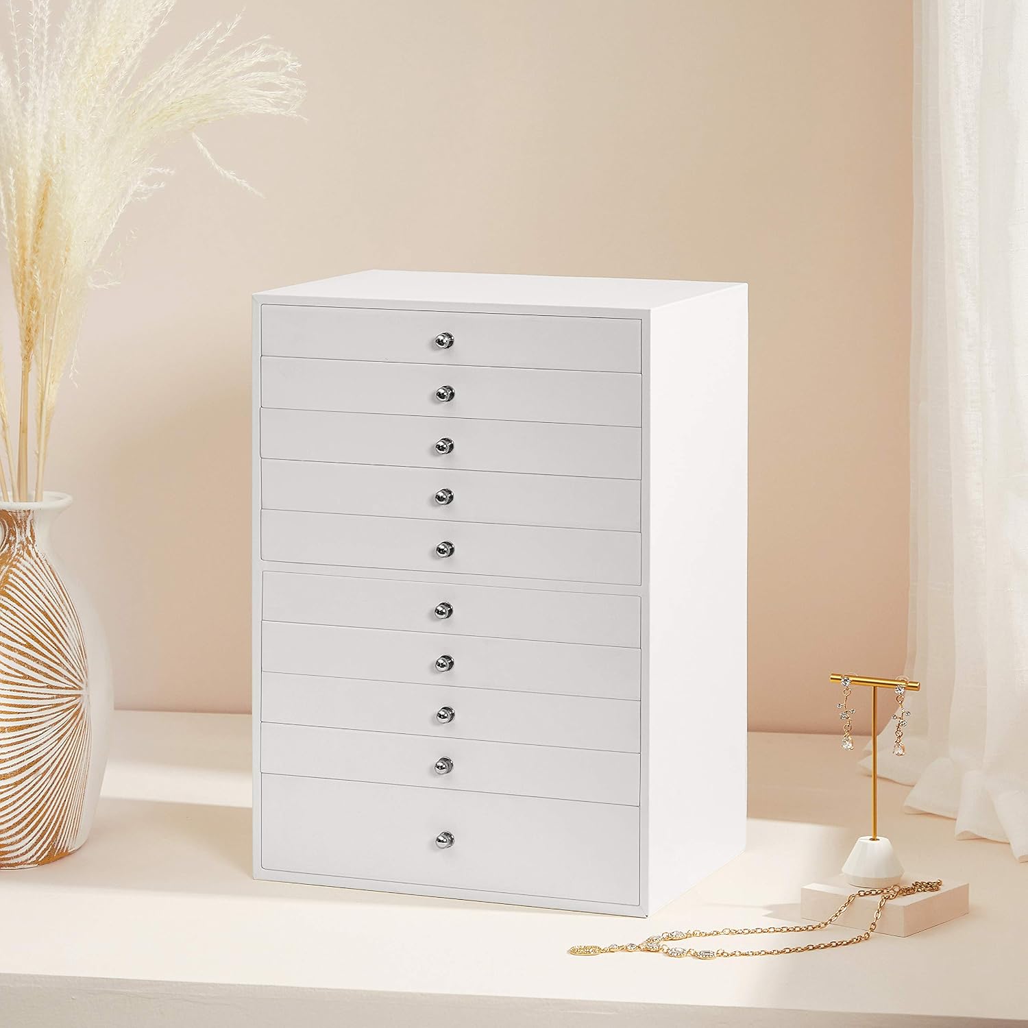 Detalle de SONGMICS Schmuckkästchen mit Uhrenkoffer, 10 Schubladen – Weiß