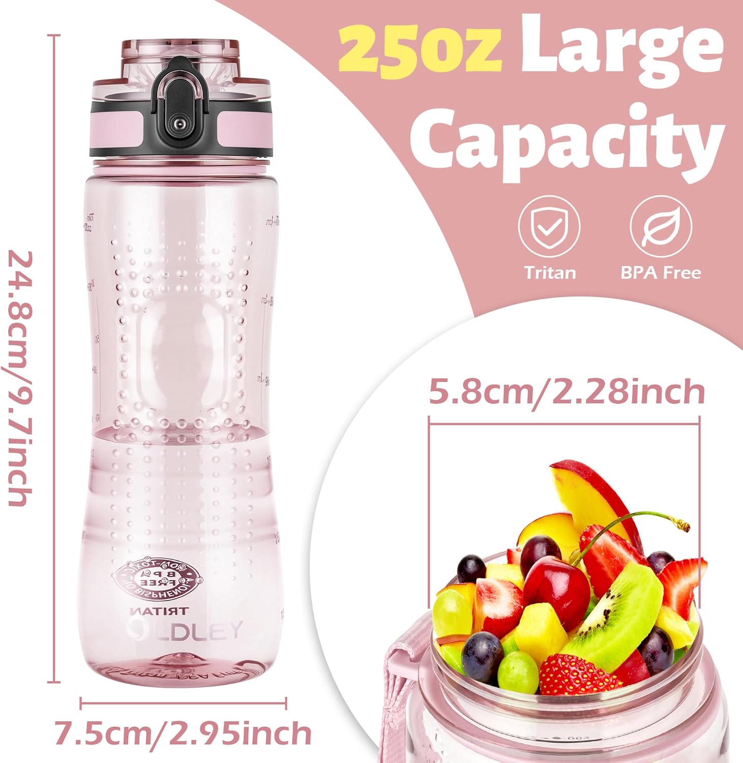 Thumbnail 4 de Oldley 750ml/25oz Sports Water Bottle (BPA-free, leakproof, time markings) – Transparent Pink