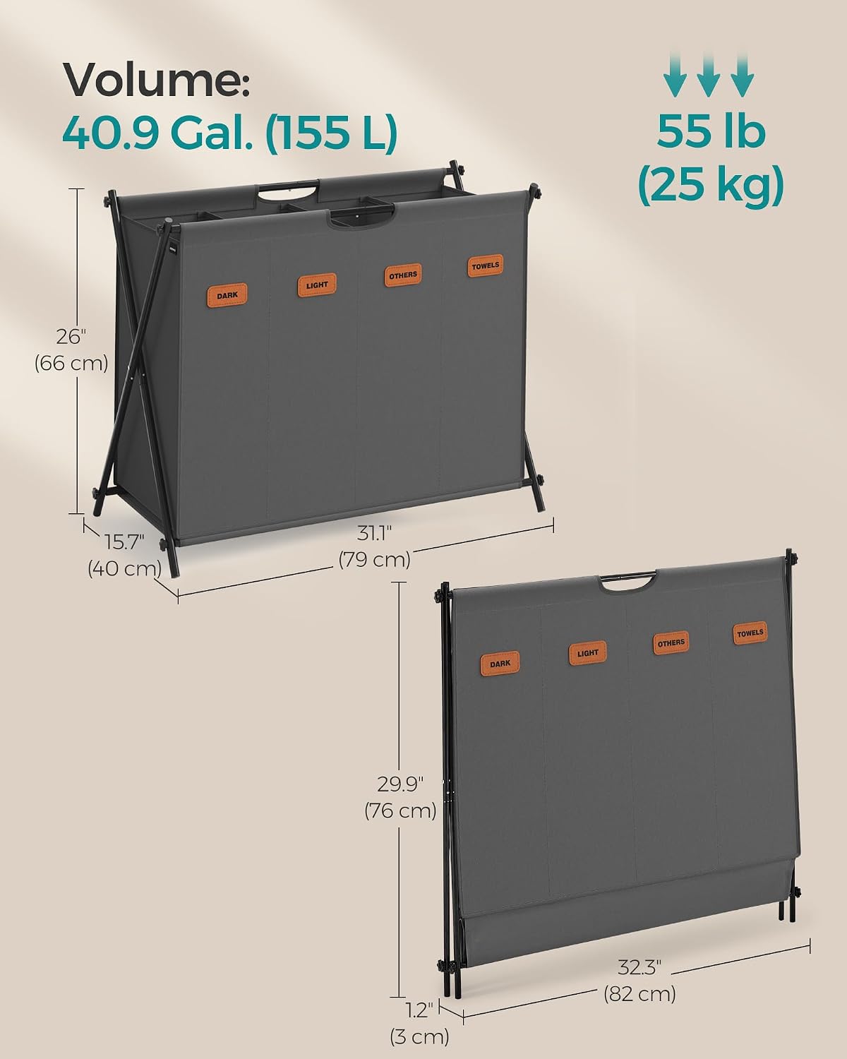 Thumbnail 6 de SONGMICS STEVIE LCB140G01 155 L Laundry Sorter, 4 Sections, Foldable X-Frame