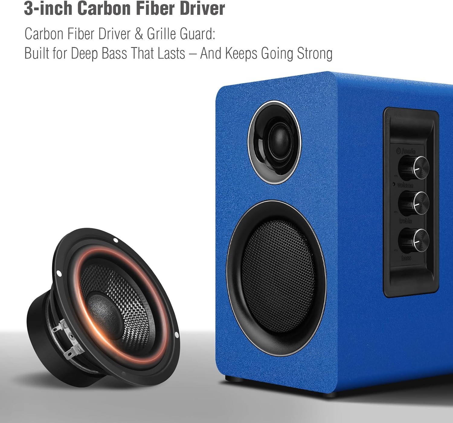 Detalle de ZQMMSPK Active Bookshelf Speakers 60W: Bluetooth 5.3, USB-C, AUX/RCA, 3" Carbon Fibre Woofer