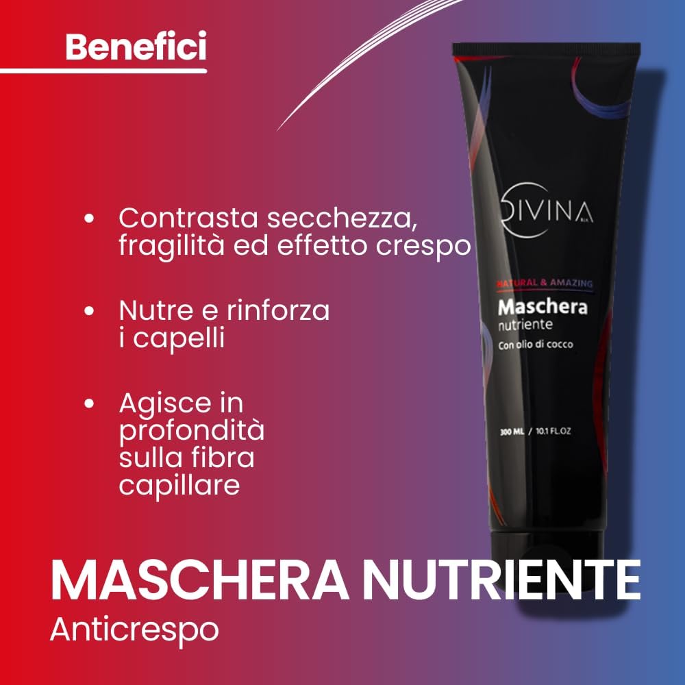 Detalle de Maschera nutriente con olio di cocco per capelli mossi, ricci, super-ricci, afro Natural&Amazing di DIVINA BLK (300ml)