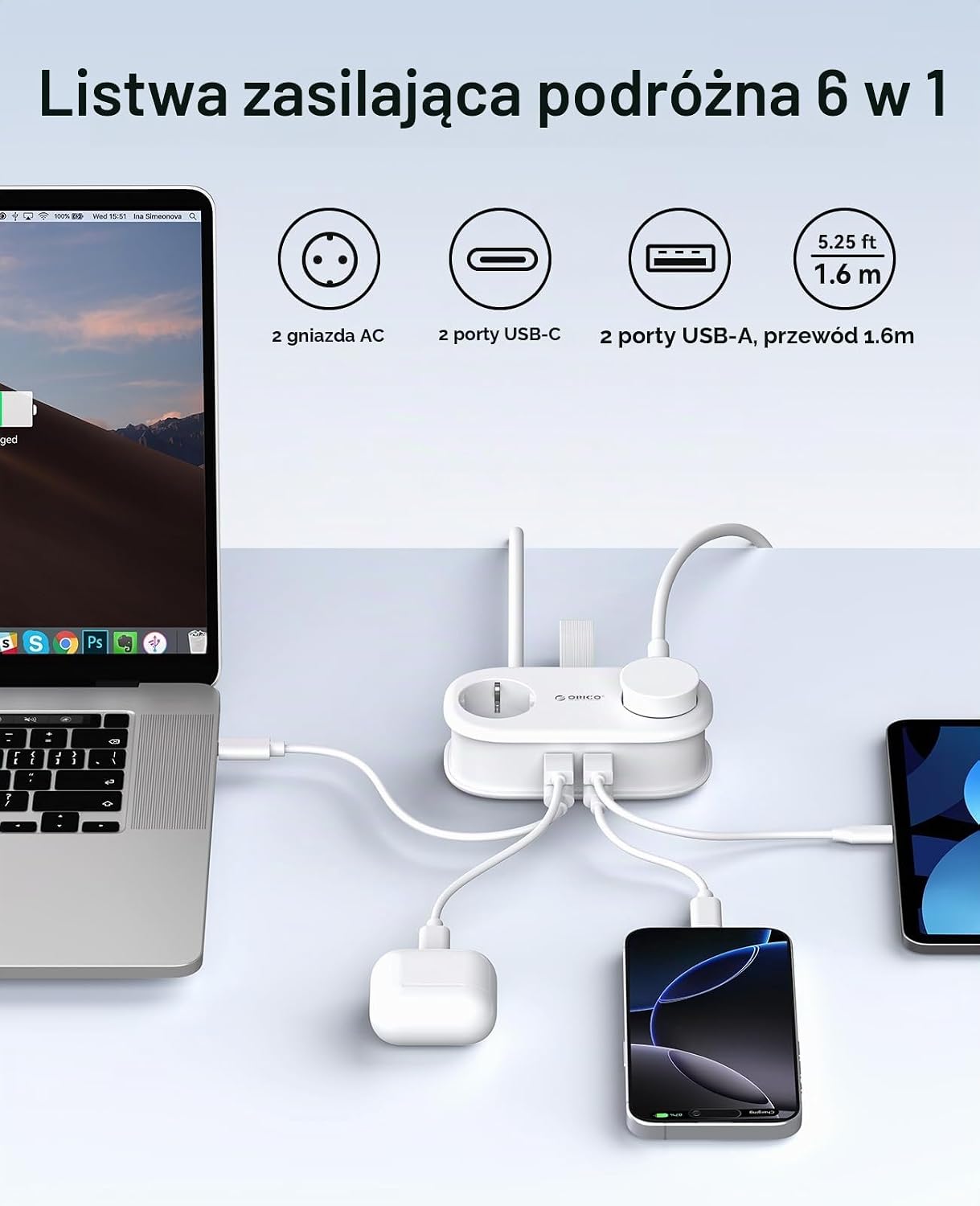 Detalle de ORICO AP3 – podróżna listwa zasilająca GaN 65 W, 2 gniazda i 4 porty USB