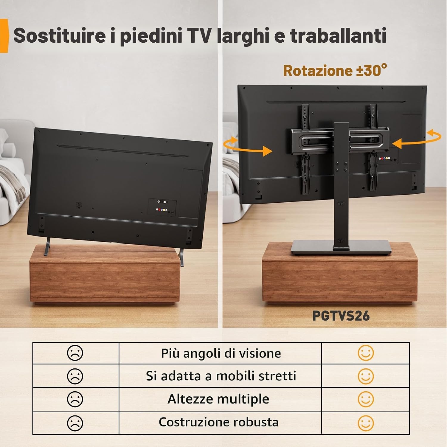 Detalle de Perlegear Supporto TV da Tavolo PGTVS26 per TV 32–70 Pollici, Altezza Regolabile, Inclinazione, VESA 400x400