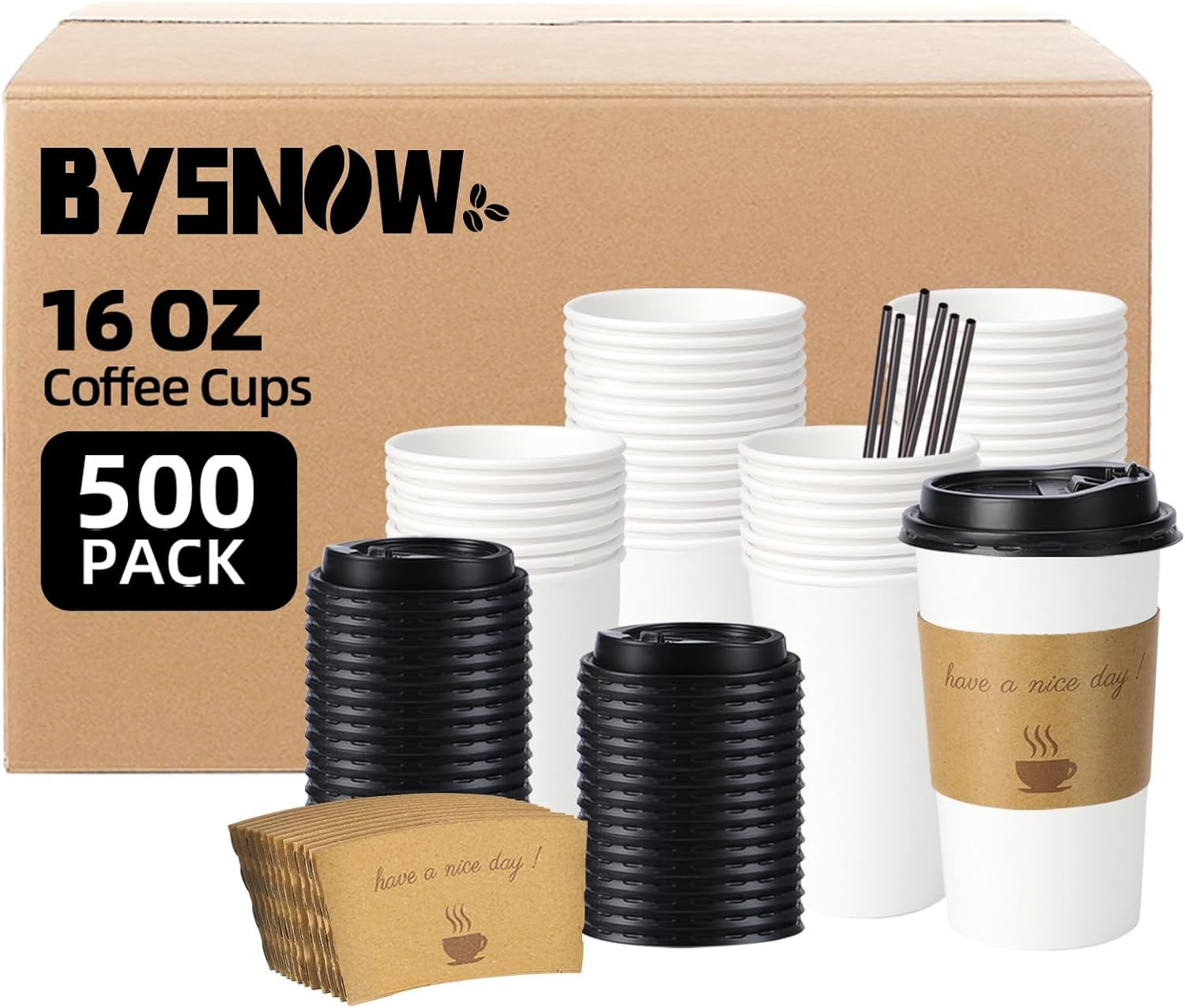 Thumbnail 6 de BYSNOW 100-Pack Insulated 12-Ounce Paper Coffee Cups with Lids, Sleeves & Straws