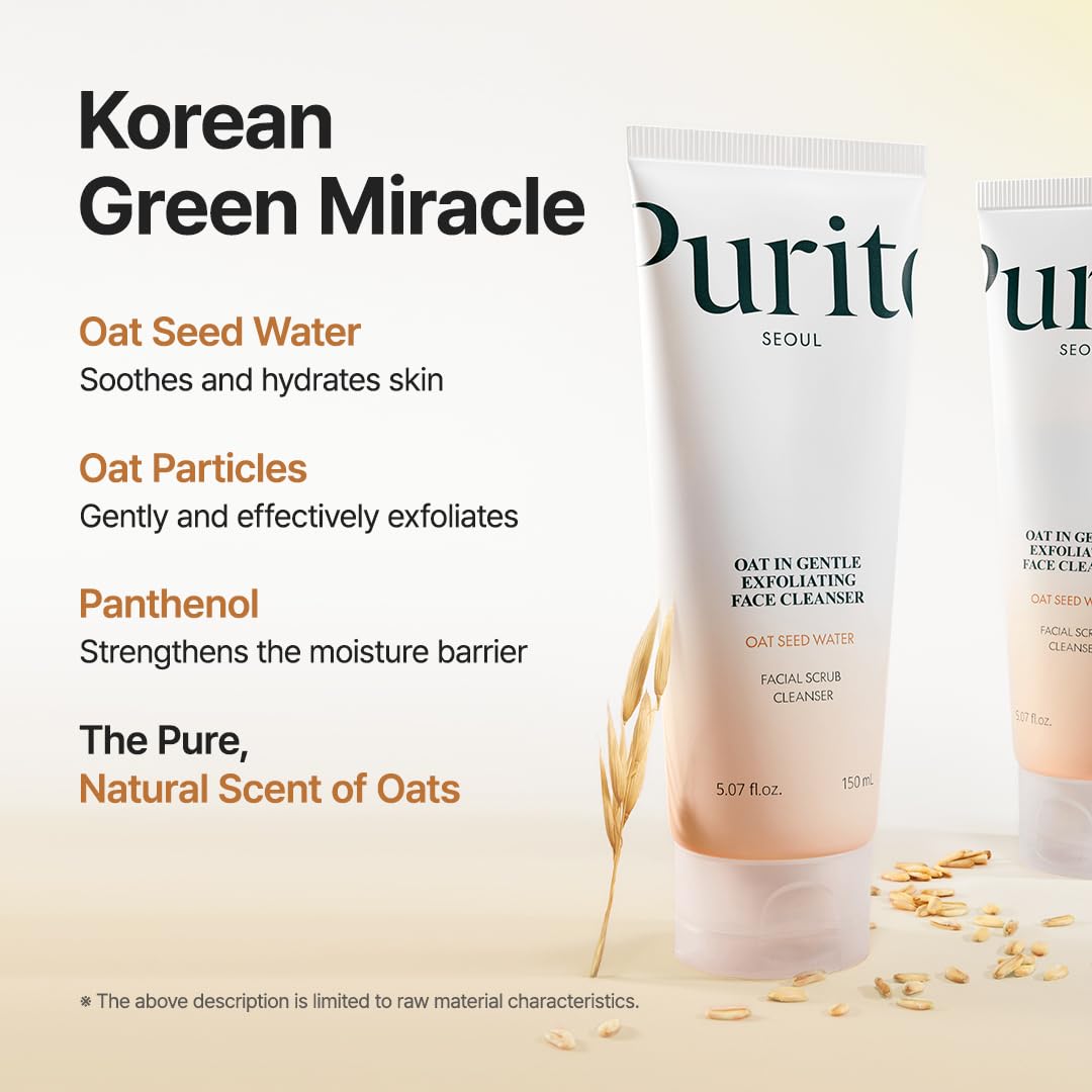 Detalle de PURITO Korean Oat Exfoliating Facial Polish – Sanftes, feuchtigkeitsspendendes Peeling-Reiniger für alle Hauttypen (150 ml)