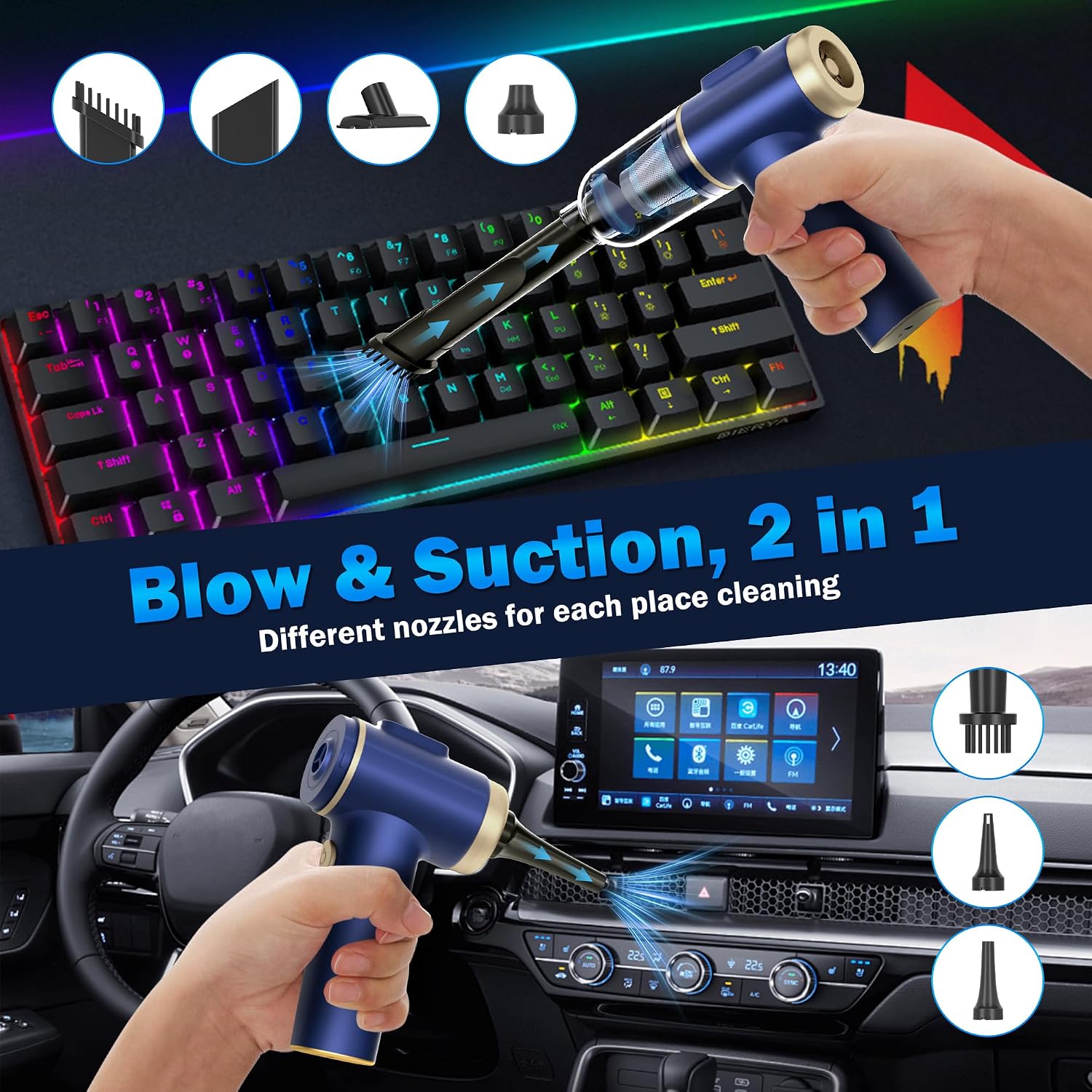 Thumbnail 2 de RLCHFEI 2-in-1 Handheld Car Vacuum Cleaner (21000Pa) with LED Light and 4 Nozzles – Cordless, Type-C Charge