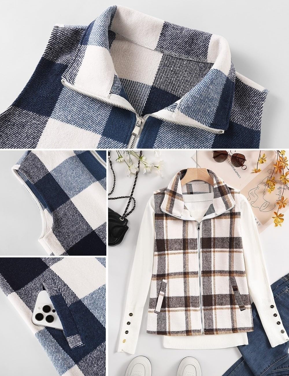 Thumbnail 6 de Rapbin MC04581 Women's Plaid Flannel Vest with Full-Zip Front and Pockets