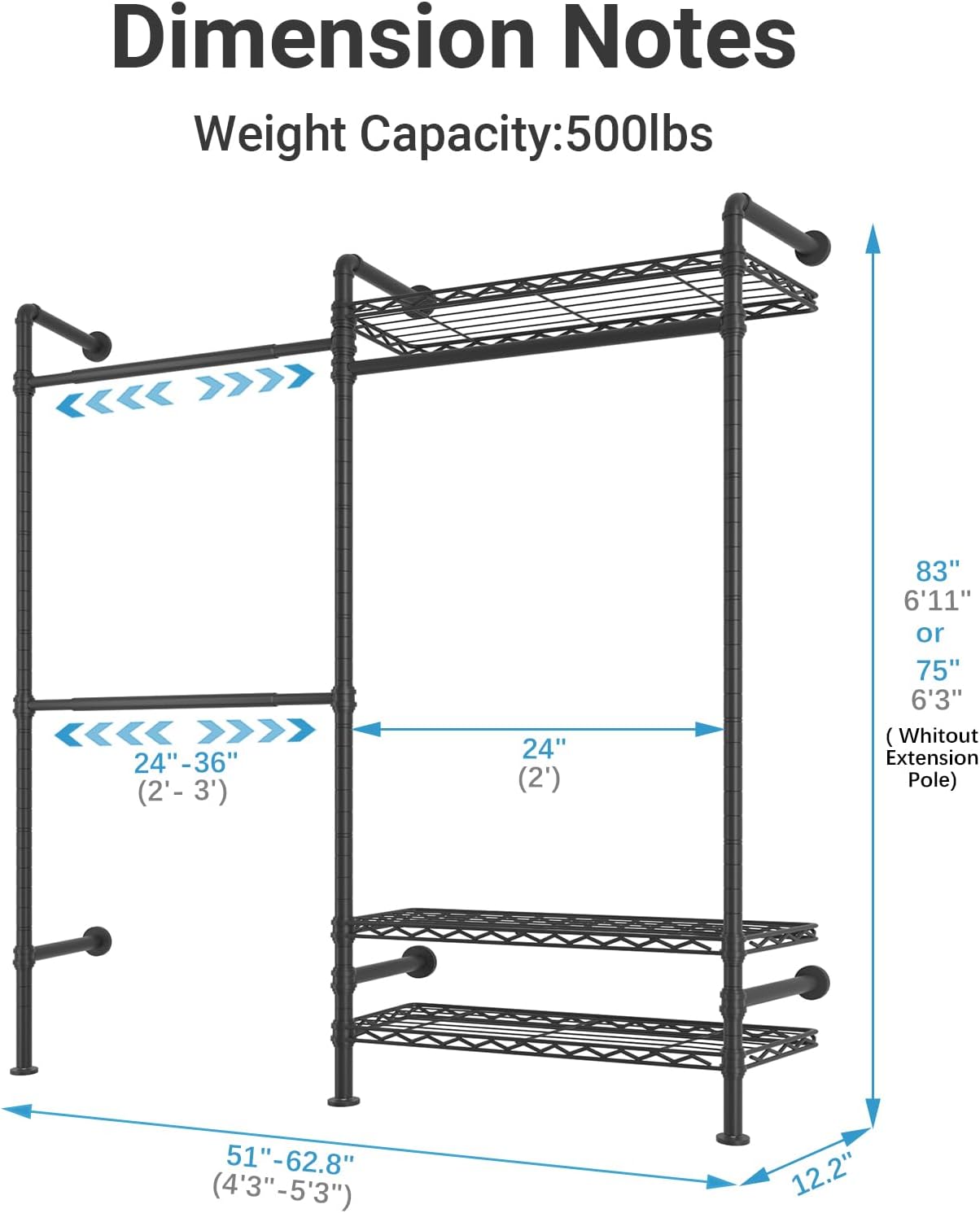 Detalle 2 de Timate F2 Black Industrial Pipe Clothing Rack, 3 Shelves and Expandable Rods