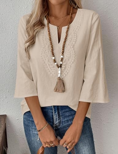 Thumbnail 1 de Rapbin Women's Tops 3/4 Sleeve Cotton Linen V-Neck Boho Lace Blouse