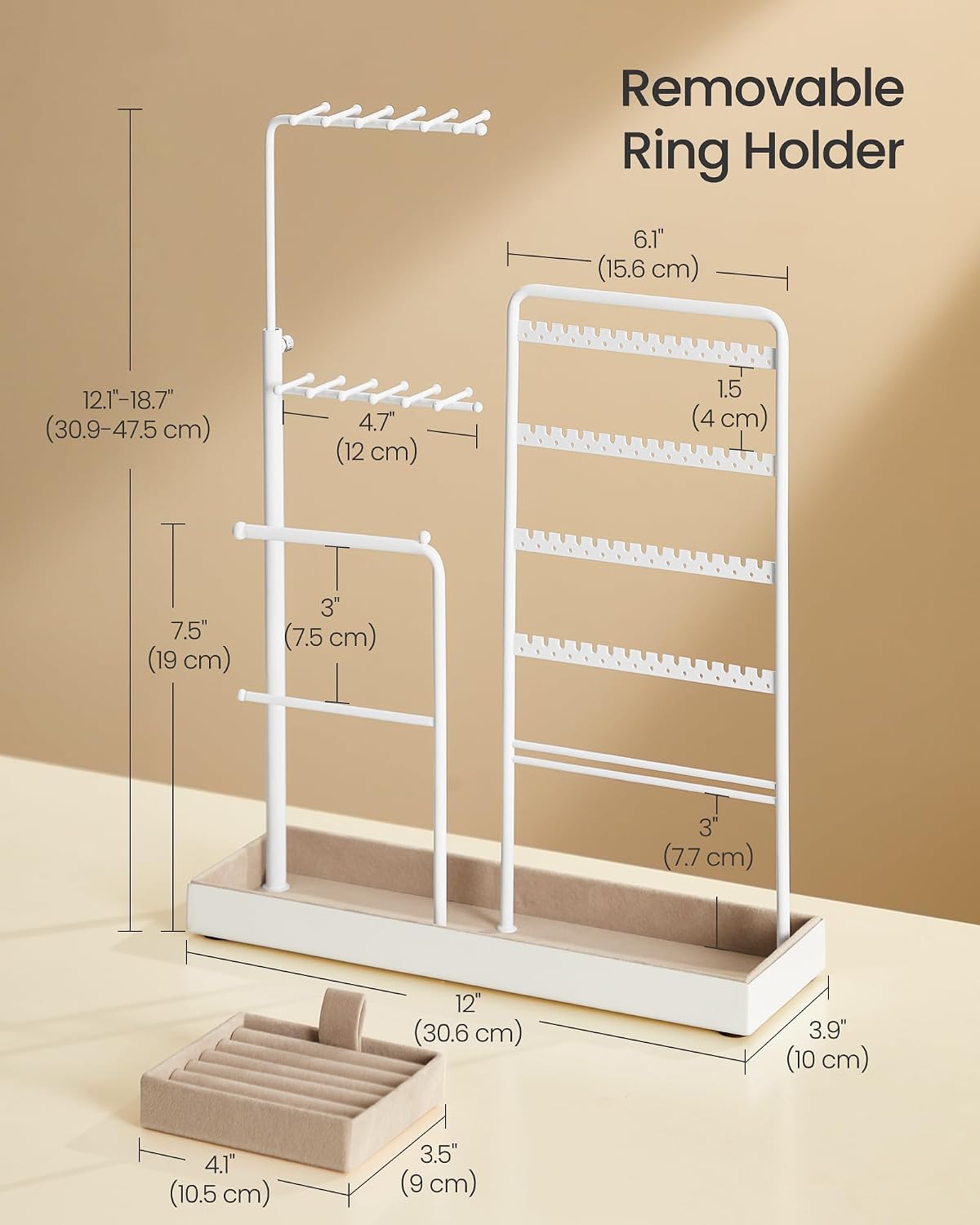 Detalle 1 de SONGMICS CAELEY JJS026W01 Adjustable Jewellery Stand with Velvet-Lined Tray