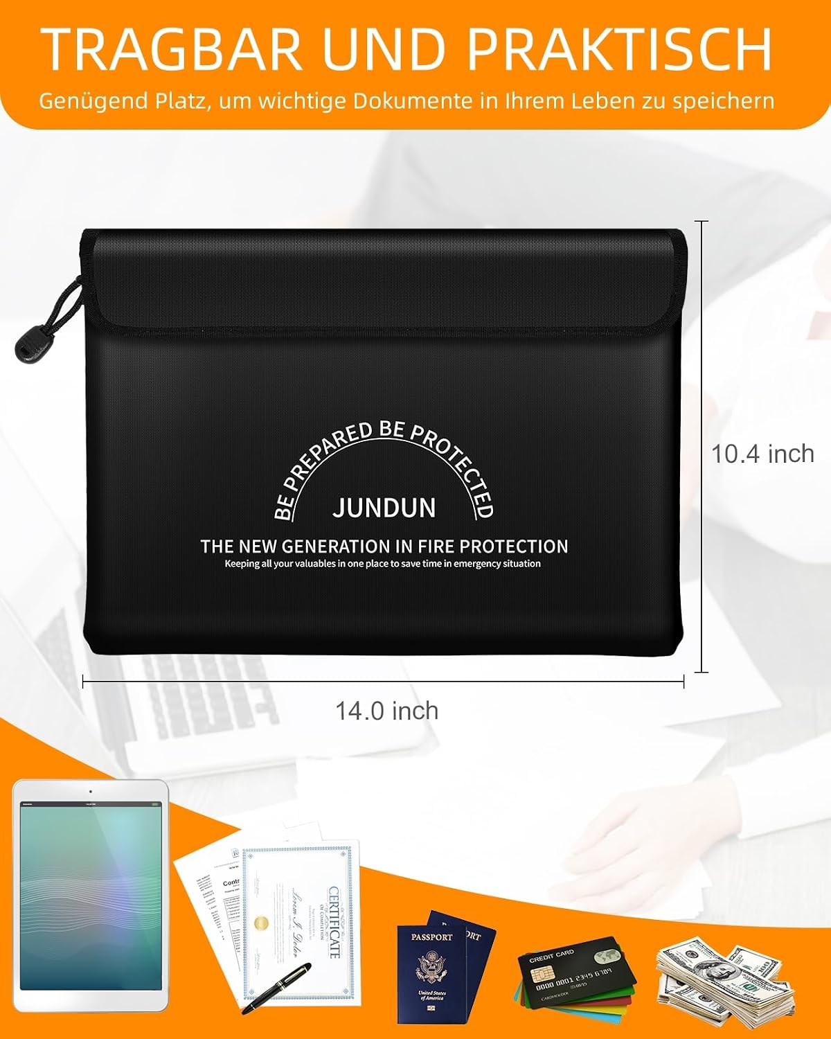 Thumbnail 4 de JUNDUN feuerfeste Dokumententasche mit 5200℉ Wärmeisolierung, 36x26 cm – wasserdichte Geldtasche mit Reißverschluss