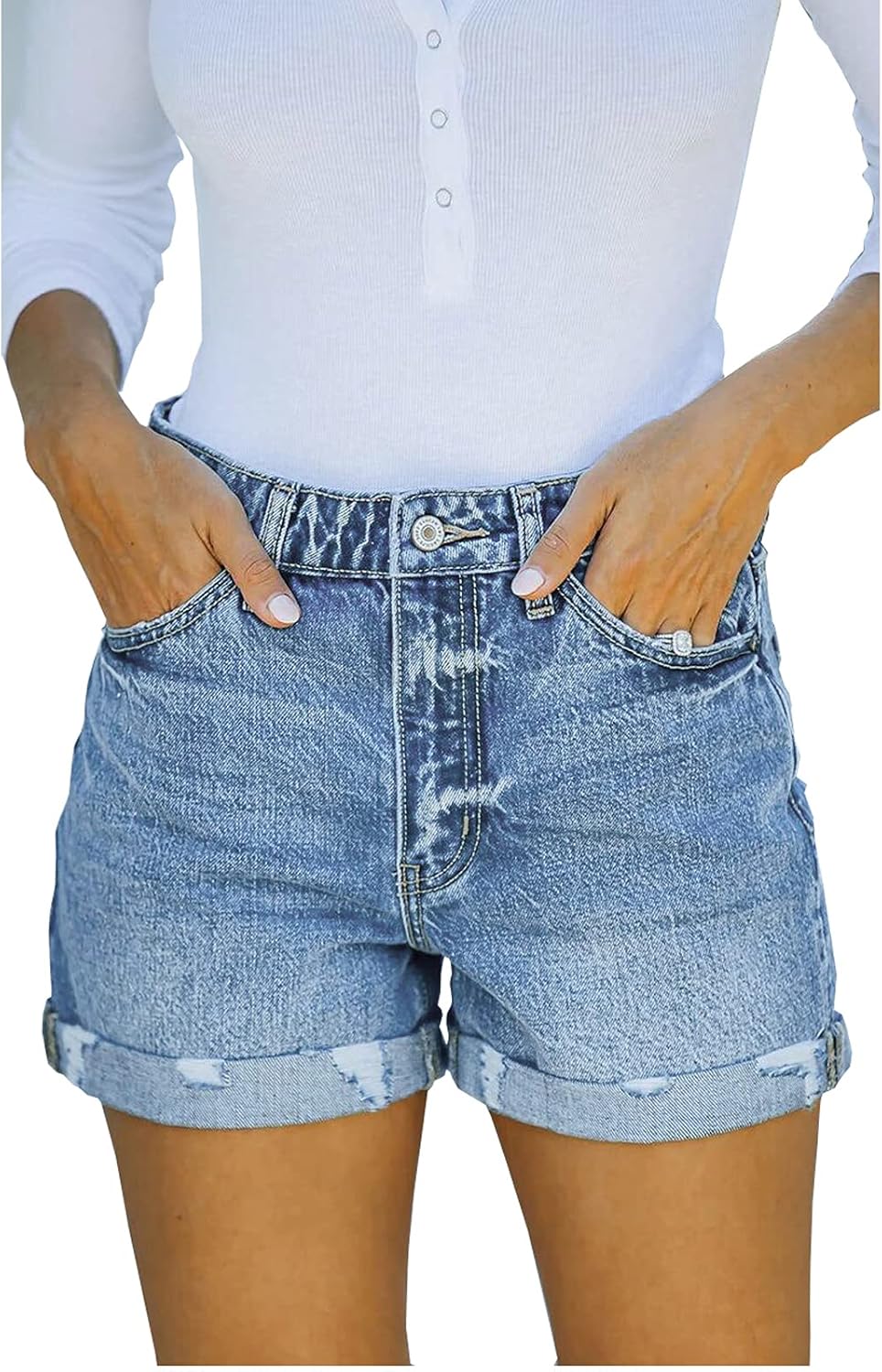Thumbnail 4 de Bichingda Denim Shorts for Women – Ripped Mid Rise, Folded Hem, Stretchy Casual Jeans