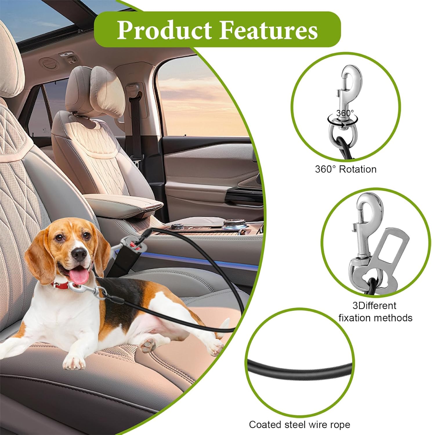 Detalle de 2PCS Chew-Proof Dog Car Seatbelt, 24 inch Safety Restraint with Coated Wire and Double Clips (Black)