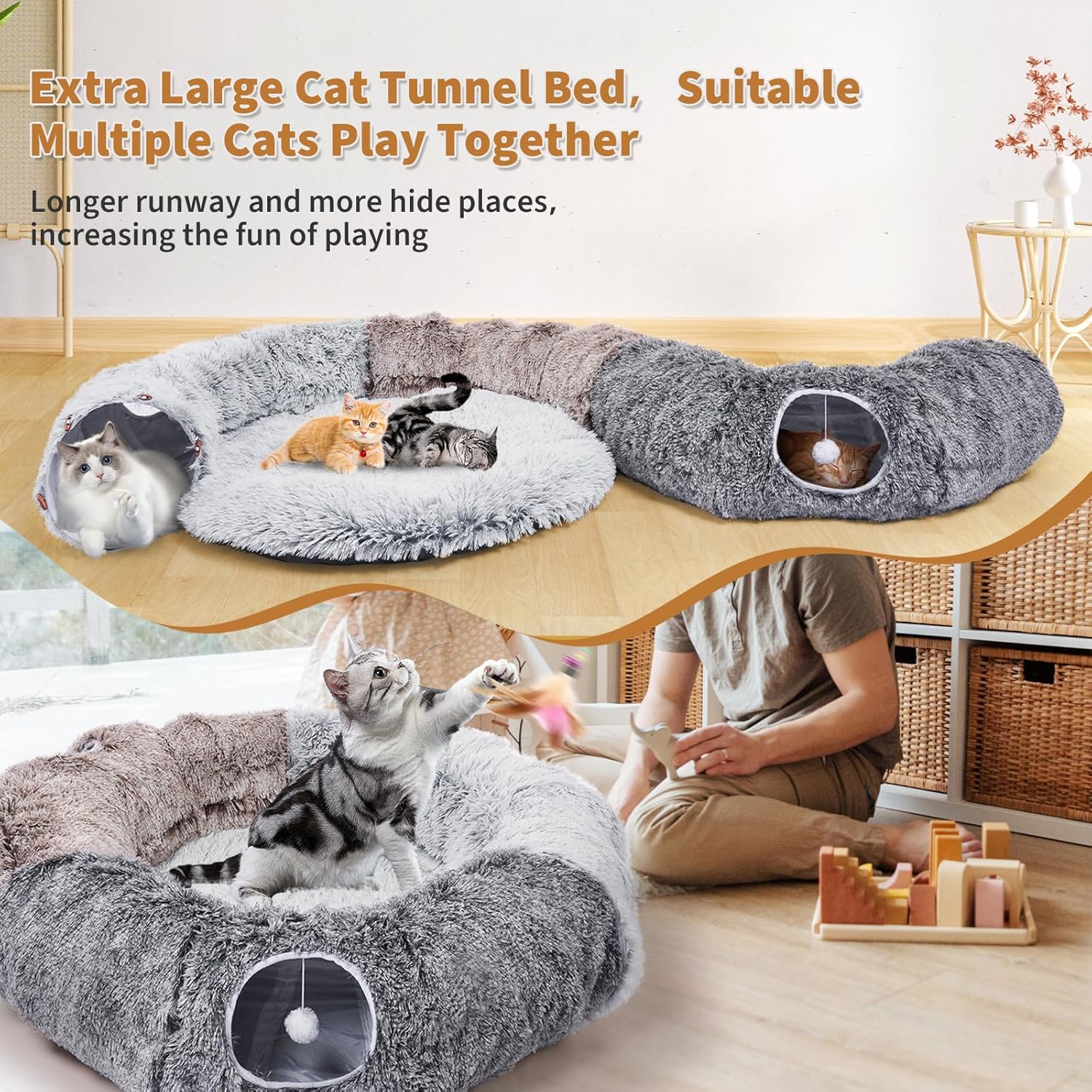 Detalle de Odoland Extra Large Cat Doughnut Bed Tunnel: Foldable, Multi-Play Cat Tunnels with Ball & Peek Holes