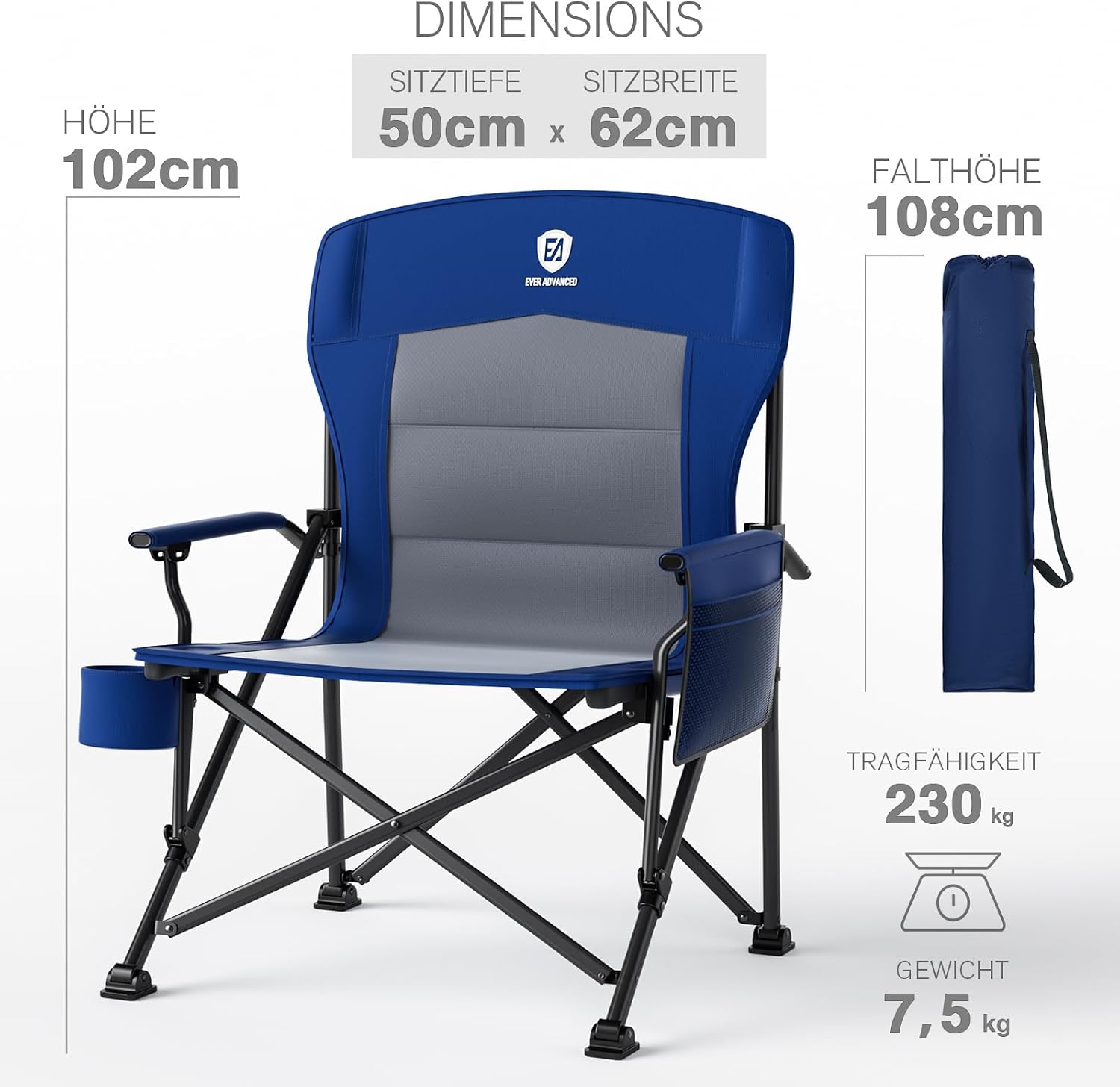 Detalle 2 de EVER ADVANCED faltbarer Campingstuhl XL bis 230 kg – mit Seitentasche & Getränkehalter