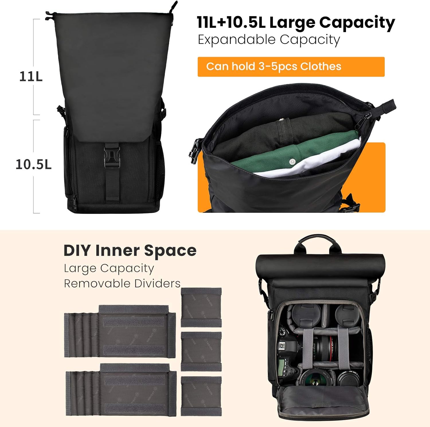 Detalle de TARION Zaino rolltop per fotocamera impermeabile con vano rimovibile per laptop fino a 15,6