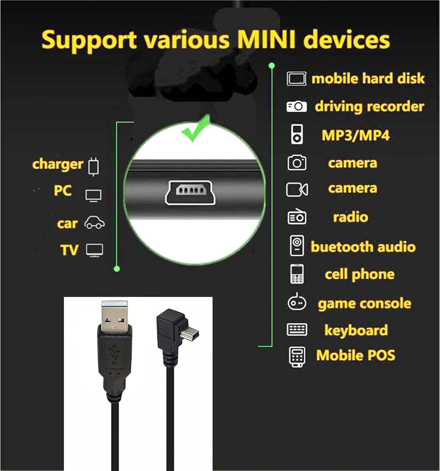 Thumbnail 2 de SHANFEILU 90 Degree Mini USB (Mini 5-pin) to USB 2.0 A Male Data Sync Extension Cable, 4.9ft, Black