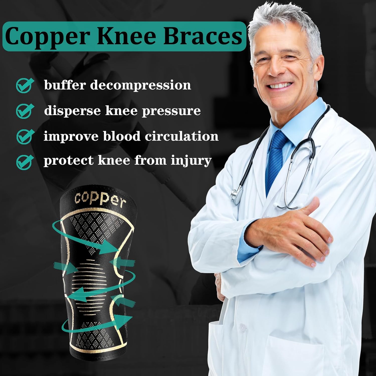 Detalle 2 de Copper Knee Braces for Women and Men (2-Pack) Knee Compression Sleeves for Pain Relief and Support