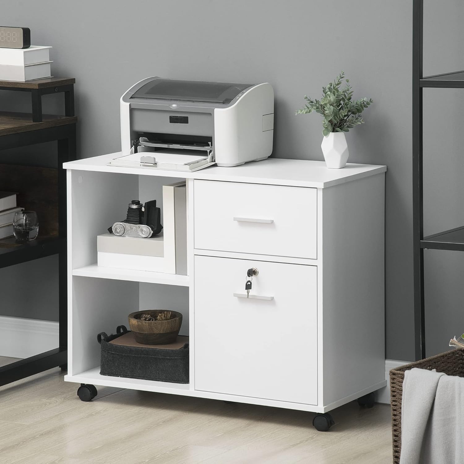 Thumbnail 6 de Vinsetto Caisson de Bureau verrouillable avec 2 tiroirs et support d’imprimante – Blanc bois 86,3 x 40 x 66,5 cm