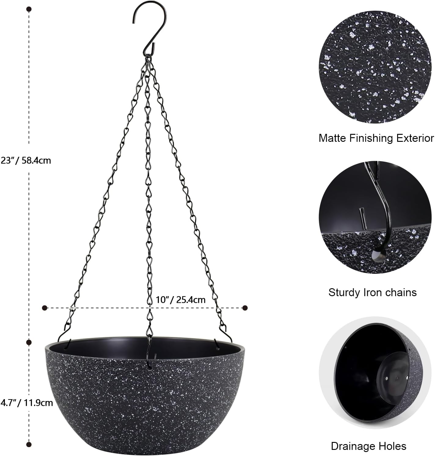Detalle de Meowell 10-Inch Hanging Planters, 2-Pack, Speckled Black Plastic