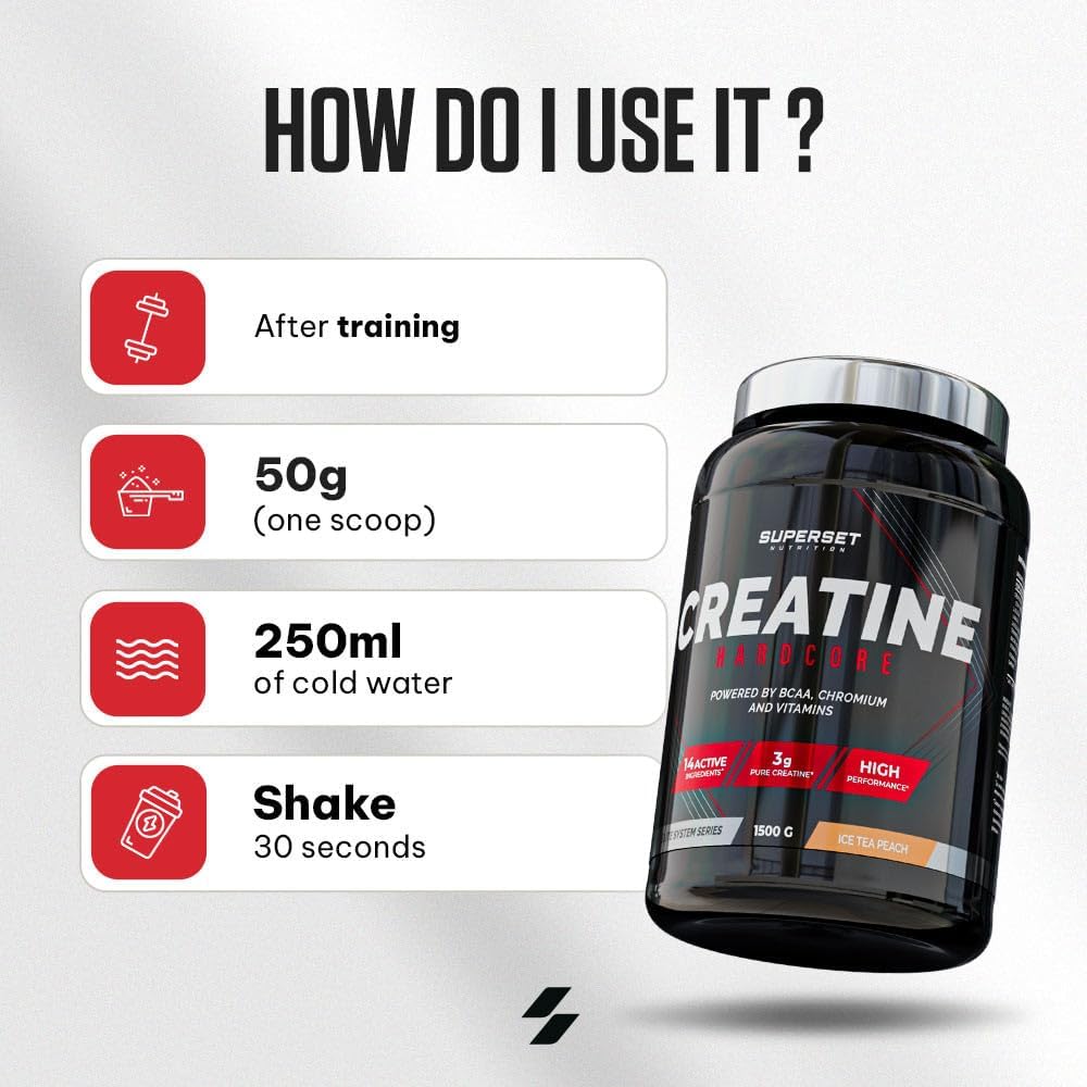 Thumbnail 5 de Superset Nutrition Creatine Hardcore 1,5 kg – Poudre soluble à la créatine monohydrate, BCAA et glucides