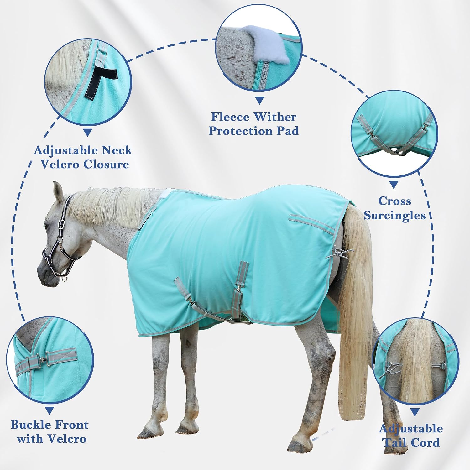 Detalle de Fleece Horse Rug – Breathable Moisture-Wicking Cooler Rug with Adjustable Neck (Mint Green, 6'3")