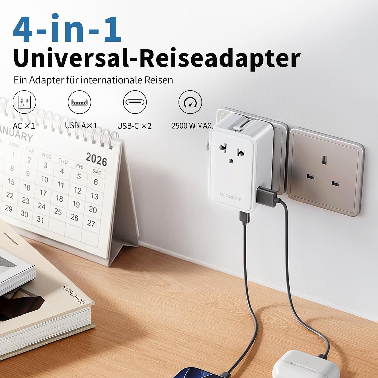 Thumbnail 5 de UPXNBOR Ultra-flacher Reiseadapter 2026 mit 1× USB-A und 2× USB-C (weltweit)
