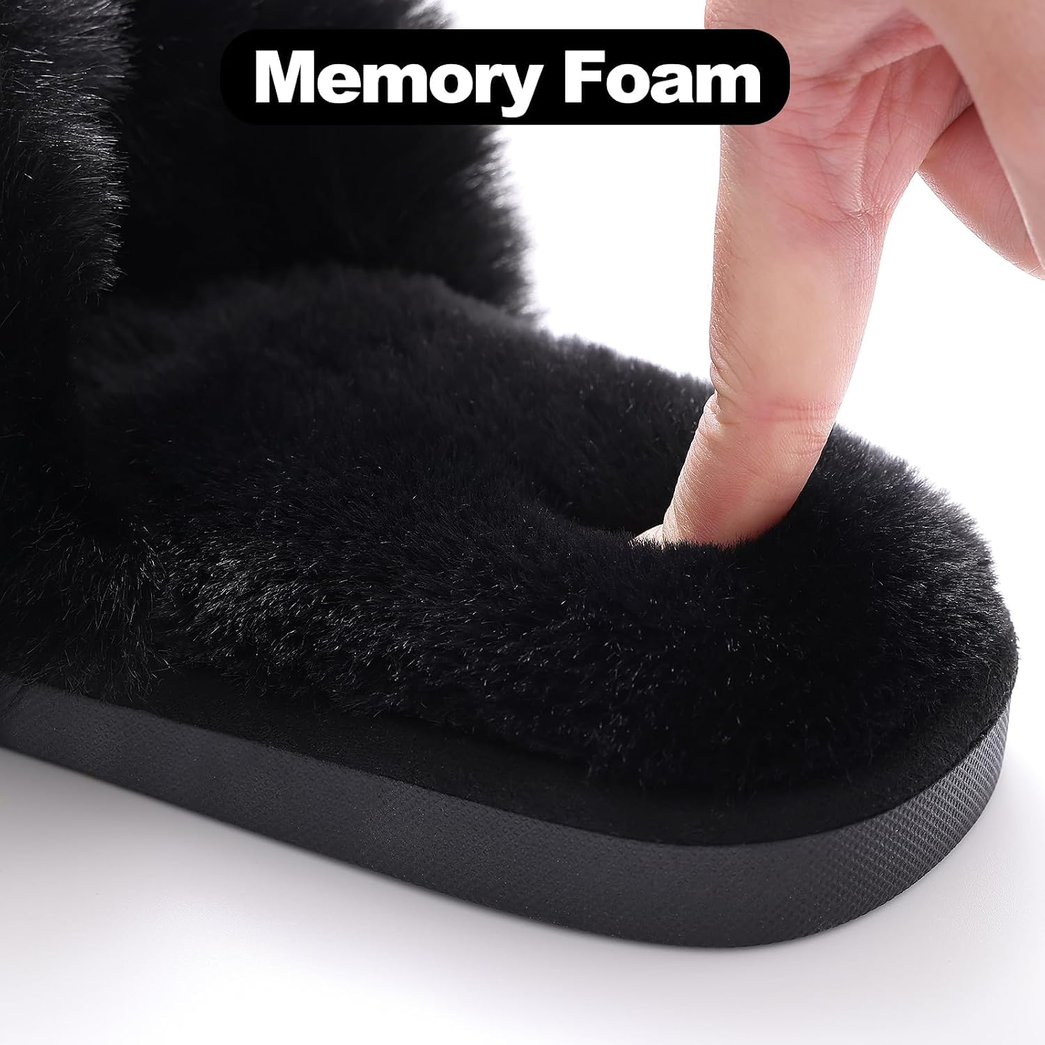 Detalle de Evshine Women’s Fuzzy Slippers with Cross Band & Memory Foam (Open Toe)