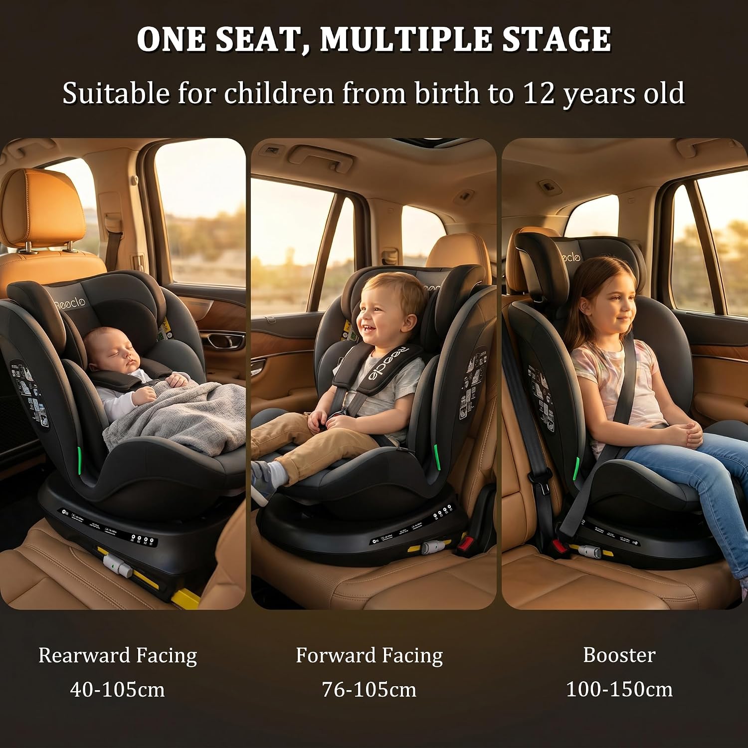 Detalle de Reecle Kindersitz 360 drehbar i-Size mit ISOFIX 0-36 kg (0-12 Jahre) – 5 Liegepositionen