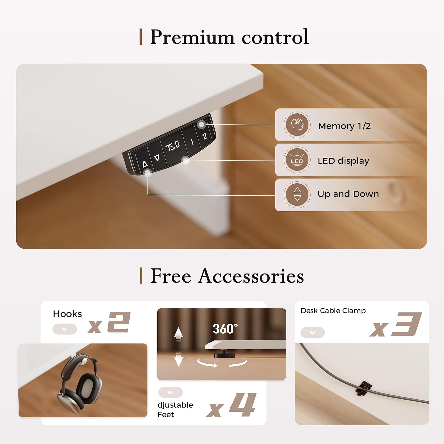 Thumbnail 3 de Klicelor Electric Height Adjustable Desk with Movable Monitor Stand, 120x80cm, 72-116cm Height, 2 Memory Buttons, White
