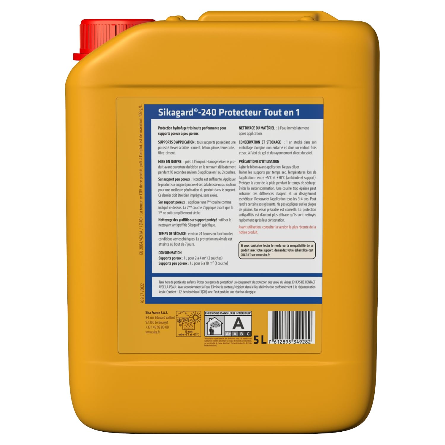 Detalle de Sika Sikagard 240 Protecteur Tout en 1 – Protection hydrofuge prêt à l’emploi pour façades, murs, toitures et sols (5 L)