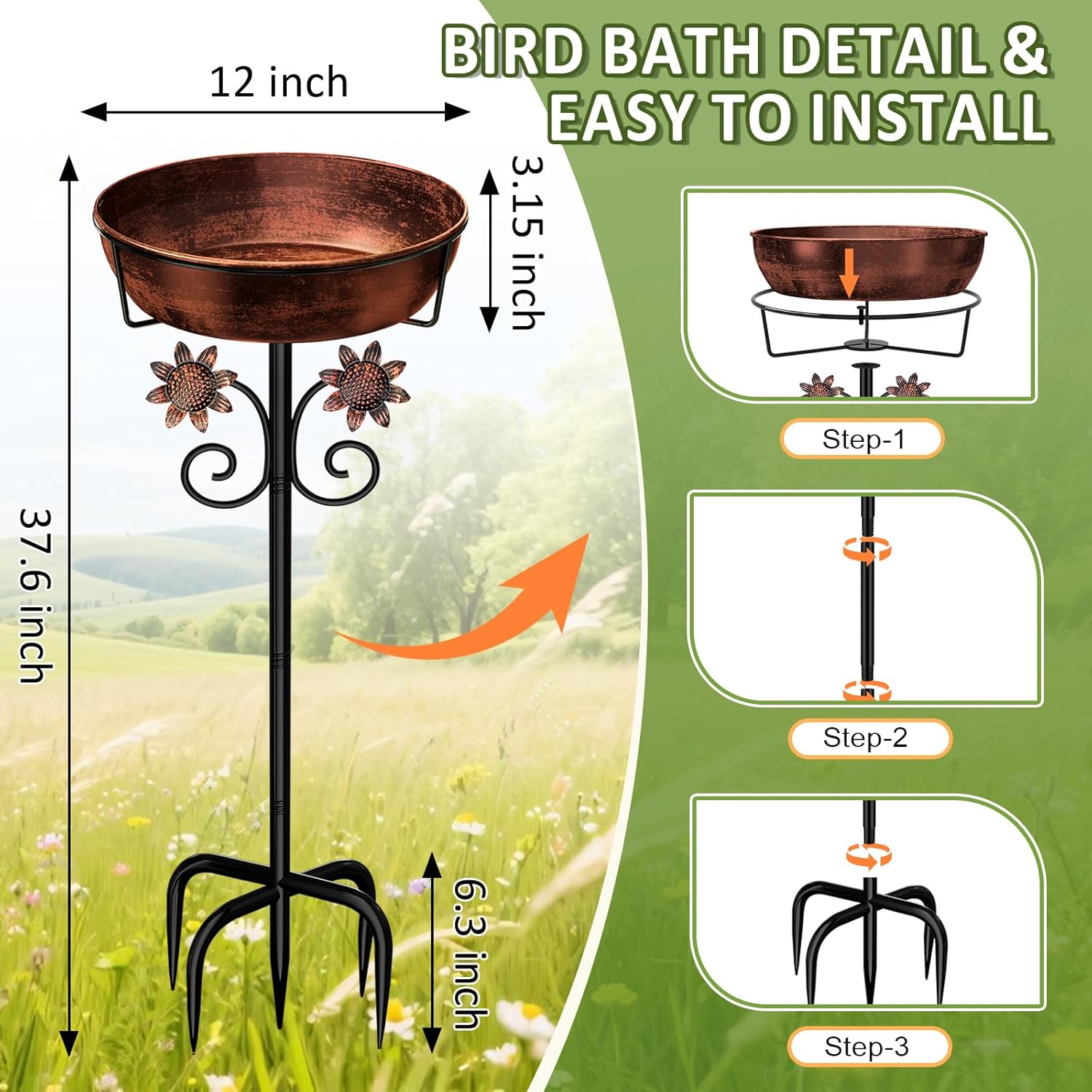 Thumbnail 6 de LOVEBUY Metal Bird Bath -0518, 12-inch Removable Bowl, 5-Prong Stake
