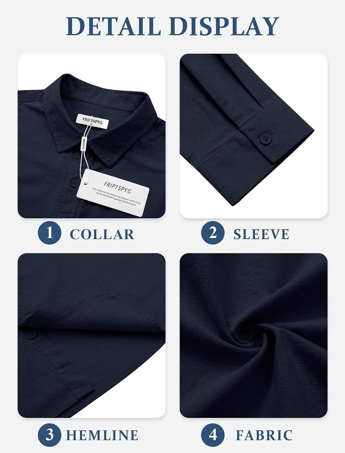 Detalle de Friptspyg Chemise en Lin pour Hommes – Manches Longues, 80% Coton + 20% Lin, Coupe Regular