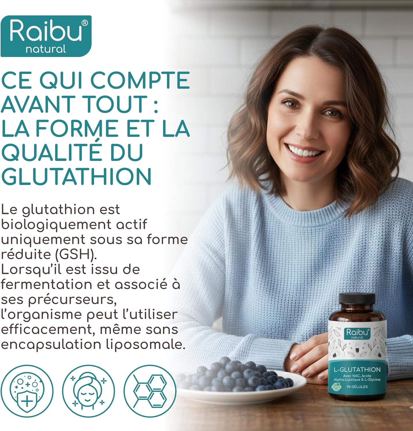 Thumbnail 3 de RAIBU Glutathion réduit à 98% (L-glutathion) + précurseurs NAC, acide alpha-lipoïque et L-glycine — 500 mg, 90 gélules